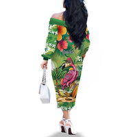 Hawaiian Flamingo Hibiscus Personalised Family Matching Off The Shoulder Long Sleeve Dress and Hawaiian Shirt Green Summer Tropical Flowers - Polynesian Pride