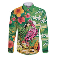 Hawaiian Flamingo Hibiscus Personalised Family Matching Off Shoulder Short Dress and Hawaiian Shirt Green Summer Tropical Flowers LT9 Dad's Shirt - Long Sleeve Green - Polynesian Pride
