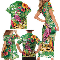 Hawaiian Flamingo Hibiscus Personalised Family Matching Short Sleeve Bodycon Dress and Hawaiian Shirt Green Summer Tropical Flowers LT9 - Polynesian Pride