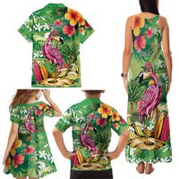 Hawaiian Flamingo Hibiscus Personalised Family Matching Tank Maxi Dress and Hawaiian Shirt Green Summer Tropical Flowers - Polynesian Pride