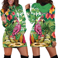 Hawaiian Flamingo Hibiscus Personalised Hoodie Dress Green Summer Tropical Flowers LT9 - Polynesian Pride