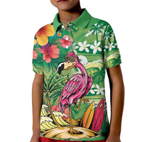 Hawaiian Flamingo Hibiscus Personalised Kid Polo Shirt Green Summer Tropical Flowers - Polynesian Pride