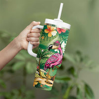 Hawaiian Flamingo Hibiscus Personalised Tumbler With Handle Green Summer Tropical Flowers - Polynesian Pride