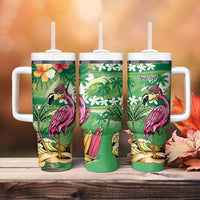 Hawaiian Flamingo Hibiscus Personalised Tumbler With Handle Green Summer Tropical Flowers - Polynesian Pride