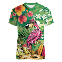 Hawaiian Flamingo Hibiscus Personalised Women V-Neck T-Shirt Green Summer Tropical Flowers LT9 Female Green - Polynesian Pride
