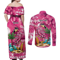 Hawaiian Flamingo Hibiscus Personalised Couples Matching Off Shoulder Maxi Dress and Long Sleeve Button Shirt Pink Summer Tropical Flowers LT9 - Polynesian Pride