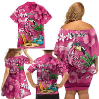 Hawaiian Flamingo Hibiscus Personalised Family Matching Off Shoulder Short Dress and Hawaiian Shirt Pink Summer Tropical Flowers LT9 - Polynesian Pride
