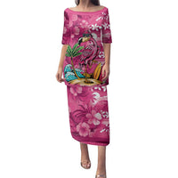 Hawaiian Flamingo Hibiscus Personalised Family Matching Puletasi and Hawaiian Shirt Pink Summer Tropical Flowers LT9 Mom's Dress Pink - Polynesian Pride
