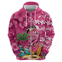 Hawaiian Flamingo Hibiscus Personalised Zip Hoodie Pink Summer Tropical Flowers - Polynesian Pride
