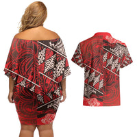 Vintage Ngatu Tribal Tonga Pattern Couples Matching Off Shoulder Short Dress and Hawaiian Shirt - Polynesian Pride