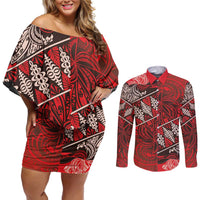 Vintage Ngatu Tribal Tonga Pattern Couples Matching Off Shoulder Short Dress and Long Sleeve Button Shirt - Polynesian Pride
