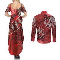Vintage Ngatu Tribal Tonga Pattern Couples Matching Summer Maxi Dress and Long Sleeve Button Shirt - Polynesian Pride