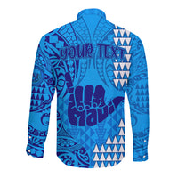 Personalised Strong Maui Long Sleeve Button Shirt Good Living Hawaii with Shaka Sign Kakau Tribal Blue LT9 - Polynesian Pride