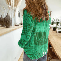 Personalised Strong Maui Women Casual Shirt Good Living Hawaii with Shaka Sign Kakau Tribal Green LT9 - Polynesian Pride