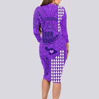 Strong Maui Long Sleeve Bodycon Dress Good Living Hawaii with Shaka Sign Kakau Tribal Purple LT9 - Polynesian Pride