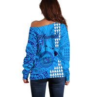 Maui Island Off Shoulder Sweater Kakau Tribal Mixed Polynesian Pattern Blue LT9 - Polynesian Pride