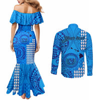 Personalised Maui Island Couples Matching Mermaid Dress and Long Sleeve Button Shirts Kakau Tribal Mixed Polynesian Pattern Blue LT9 - Polynesian Pride