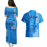 Personalised Maui Island Couples Matching Puletasi Dress and Hawaiian Shirt Kakau Tribal Mixed Polynesian Pattern Blue LT9 - Polynesian Pride