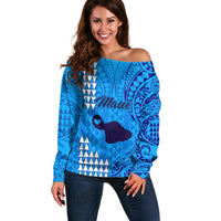 Personalised Maui Island Off Shoulder Sweater Kakau Tribal Mixed Polynesian Pattern Blue LT9 Women Blue - Polynesian Pride