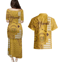 Maui Island Couples Matching Puletasi Dress and Hawaiian Shirt Kakau Tribal Mixed Polynesian Pattern Gold LT9 - Polynesian Pride