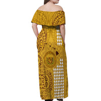 Personalised Maui Island Off Shoulder Maxi Dress Kakau Tribal Mixed Polynesian Pattern Gold LT9 - Polynesian Pride