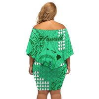 Maui Island Off Shoulder Short Dress Kakau Tribal Mixed Polynesian Pattern Green LT9 - Polynesian Pride