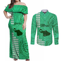 Personalised Maui Island Couples Matching Off Shoulder Maxi Dress and Long Sleeve Button Shirts Kakau Tribal Mixed Polynesian Pattern Green LT9 Green - Polynesian Pride
