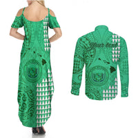 Personalised Maui Island Couples Matching Summer Maxi Dress and Long Sleeve Button Shirts Kakau Tribal Mixed Polynesian Pattern Green LT9 - Polynesian Pride