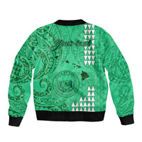Personalised Maui Island Sleeve Zip Bomber Jacket Kakau Tribal Mixed Polynesian Pattern Green LT9 - Polynesian Pride