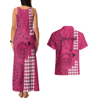 Personalised Maui Island Couples Matching Tank Maxi Dress and Hawaiian Shirt Kakau Tribal Mixed Polynesian Pattern Pink LT9 - Polynesian Pride