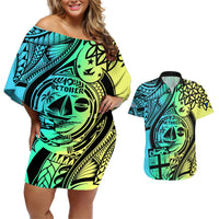 Personalised Malampa Fiji Day Couples Matching Off Shoulder Short Dress and Hawaiian Shirt Vanuatu Sand Drawing With Polynesian Pattern LT9 Black - Polynesian Pride