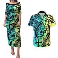 Personalised Malampa Fiji Day Couples Matching Puletasi Dress and Hawaiian Shirt Vanuatu Sand Drawing With Polynesian Pattern LT9 Black - Polynesian Pride