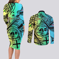 Personalised Malampa Fiji Day Couples Matching Long Sleeve Bodycon Dress and Long Sleeve Button Shirt Vanuatu Sand Drawing With Polynesian Pattern LT9