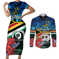 torba-vanuatu-couples-matching-short-sleeve-bodycon-dress-and-long-sleeve-button-shirts-sand-drawing-with-polynesian-pattern