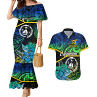 Malampa Day Couples Matching Mermaid Dress and Hawaiian Shirt Vanuatu Flowers with Malampa Emblem Tribal Pattern LT9 Black - Polynesian Pride