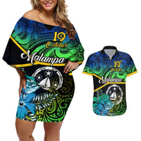 Malampa Day Couples Matching Off Shoulder Short Dress and Hawaiian Shirt Vanuatu Flowers with Malampa Emblem Tribal Pattern LT9 Black - Polynesian Pride
