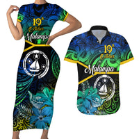 Malampa Day Couples Matching Short Sleeve Bodycon Dress and Hawaiian Shirt Vanuatu Flowers with Malampa Emblem Tribal Pattern LT9 Black - Polynesian Pride