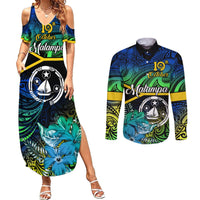 Malampa Day Couples Matching Summer Maxi Dress and Long Sleeve Button Shirts Vanuatu Flowers with Malampa Emblem Tribal Pattern LT9 Black - Polynesian Pride
