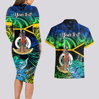 personalised-malampa-day-couples-matching-long-sleeve-bodycon-dress-and-hawaiian-shirt-vanuatu-flowers-with-malampa-emblem-tribal-pattern