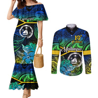 Personalised Malampa Day Couples Matching Mermaid Dress and Long Sleeve Button Shirts Vanuatu Flowers with Malampa Emblem Tribal Pattern LT9 Black - Polynesian Pride