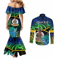 Personalised Malampa Day Couples Matching Mermaid Dress and Long Sleeve Button Shirts Vanuatu Flowers with Malampa Emblem Tribal Pattern LT9 - Polynesian Pride