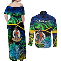 personalised-malampa-day-couples-matching-off-shoulder-maxi-dress-and-long-sleeve-button-shirts-vanuatu-flowers-with-malampa-emblem-tribal-pattern