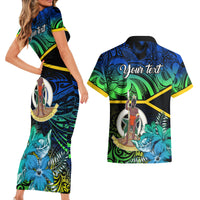 Personalised Malampa Day Couples Matching Short Sleeve Bodycon Dress and Hawaiian Shirt Vanuatu Flowers with Malampa Emblem Tribal Pattern LT9 - Polynesian Pride