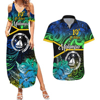 Personalised Malampa Day Couples Matching Summer Maxi Dress and Hawaiian Shirt Vanuatu Flowers with Malampa Emblem Tribal Pattern LT9 Black - Polynesian Pride