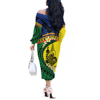 Melanesian New Caledonia Off The Shoulder Long Sleeve Dress Plumeria Kagu Bird and Nautilus Shell