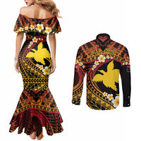 Melanesian Papua New Guinea Couples Matching Mermaid Dress and Long Sleeve Button Shirt Plumeria Bird of Paradise Tribal