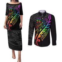 Personalised New Zealand Wellington Pride Couples Matching Puletasi and Long Sleeve Button Shirt Maori Fern with Pride Flag 2024 LT9 Black - Polynesian Pride