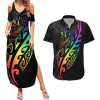 Personalised New Zealand Wellington Pride Couples Matching Summer Maxi Dress and Hawaiian Shirt Maori Fern with Pride Flag 2024 LT9 Black - Polynesian Pride