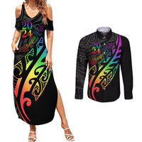 Personalised New Zealand Wellington Pride Couples Matching Summer Maxi Dress and Long Sleeve Button Shirt Maori Fern with Pride Flag 2024 LT9 Black - Polynesian Pride