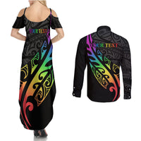 Personalised New Zealand Wellington Pride Couples Matching Summer Maxi Dress and Long Sleeve Button Shirt Maori Fern with Pride Flag 2024 LT9 - Polynesian Pride